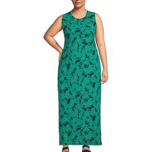 Lands' End Maxi Dress Womens Size 2X Blue Green Palm Foliage Tropical Cover-up